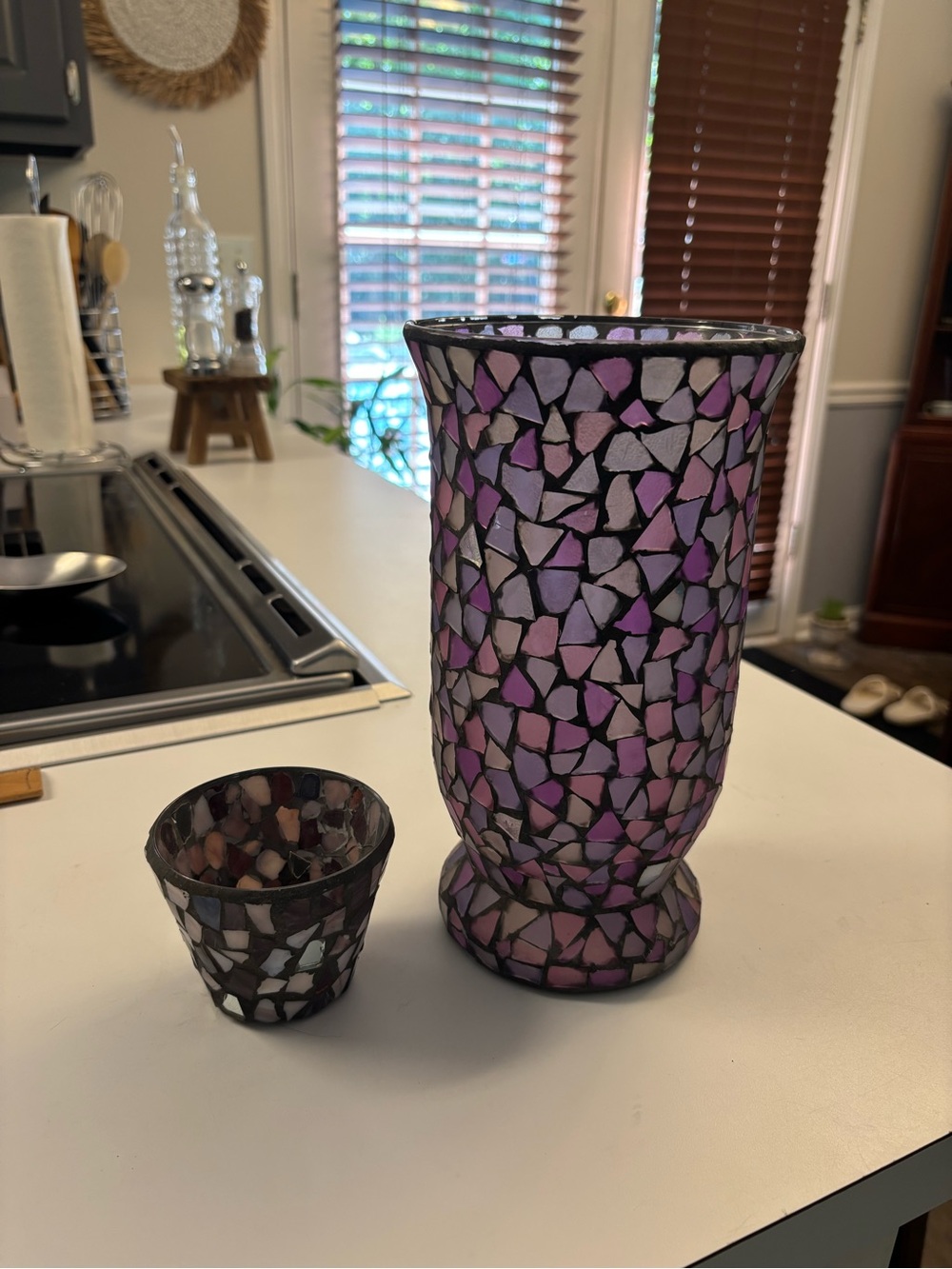 Vintage  Mosaic Glass Hurricane Candle Holder Set Home Interiors Purple & Pink